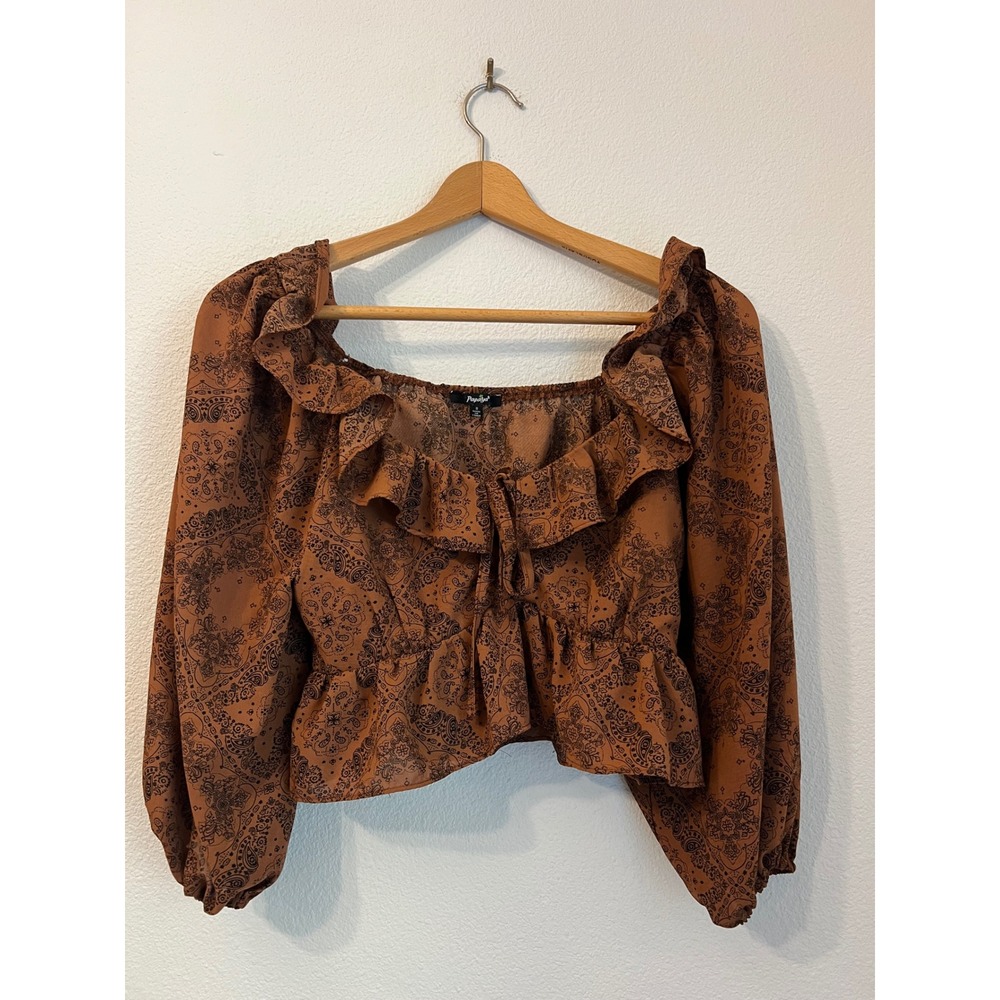 Papaya Women's Brown Paisley Print Long Sleeve Ruffle Square Neck Crop‎ Top S